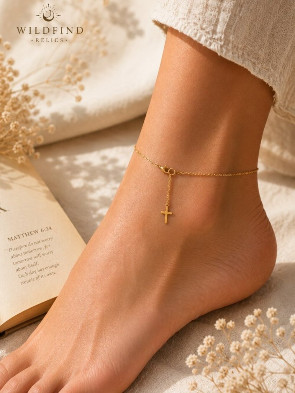 Gold Cross Anklet Bracelet • Stainless Steel • Waterproof Minimal Jewelry